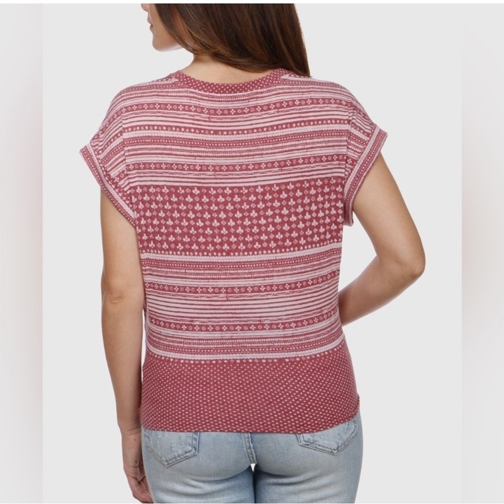 Lucky Brand Boho Western Geometric Twist Front T Shirt Faded Red Striped Top M - Picture 4 of 7